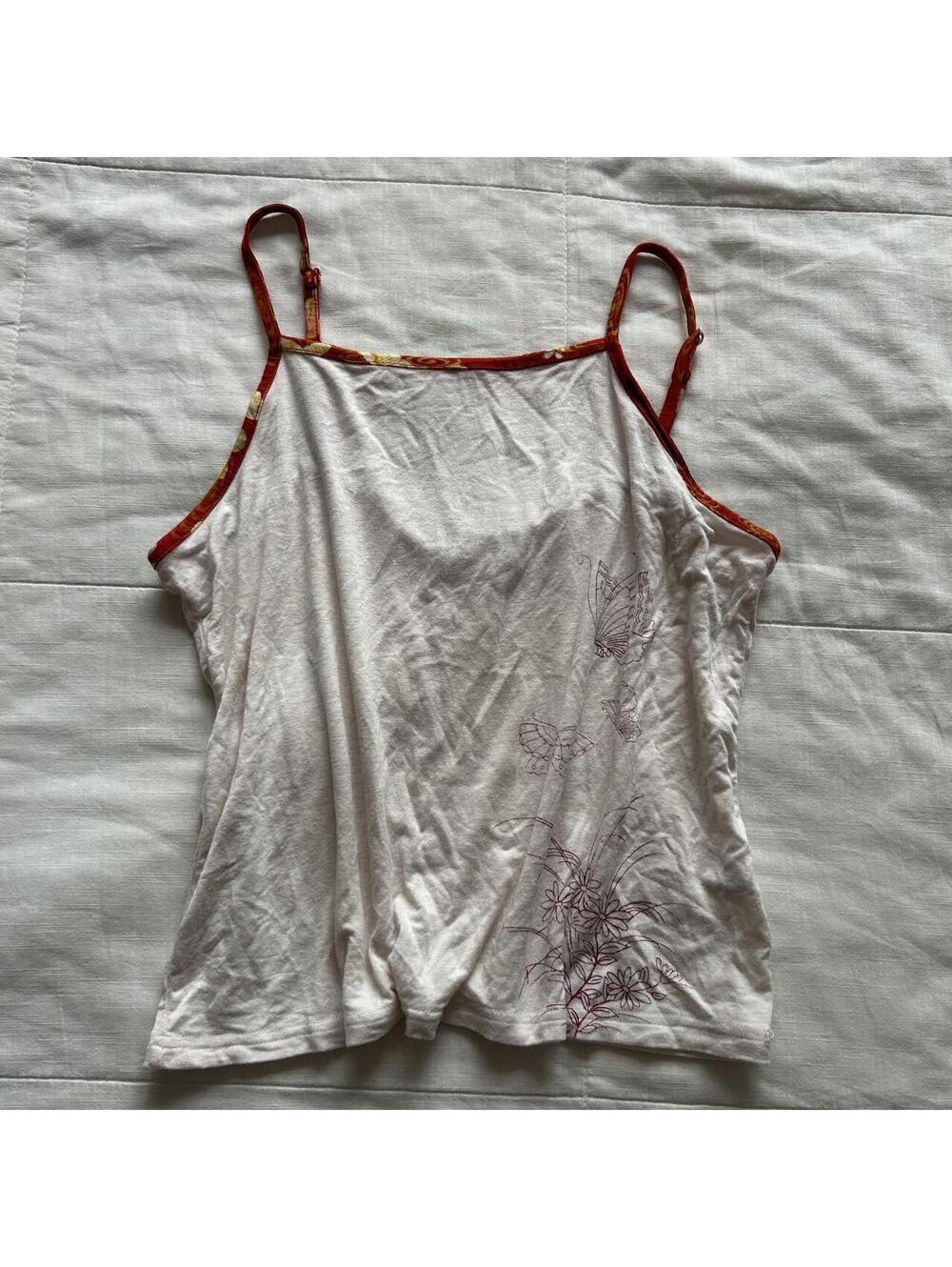 Gouk Cream White Butterfly Floral Camisole Top Contrast Trim M Japan